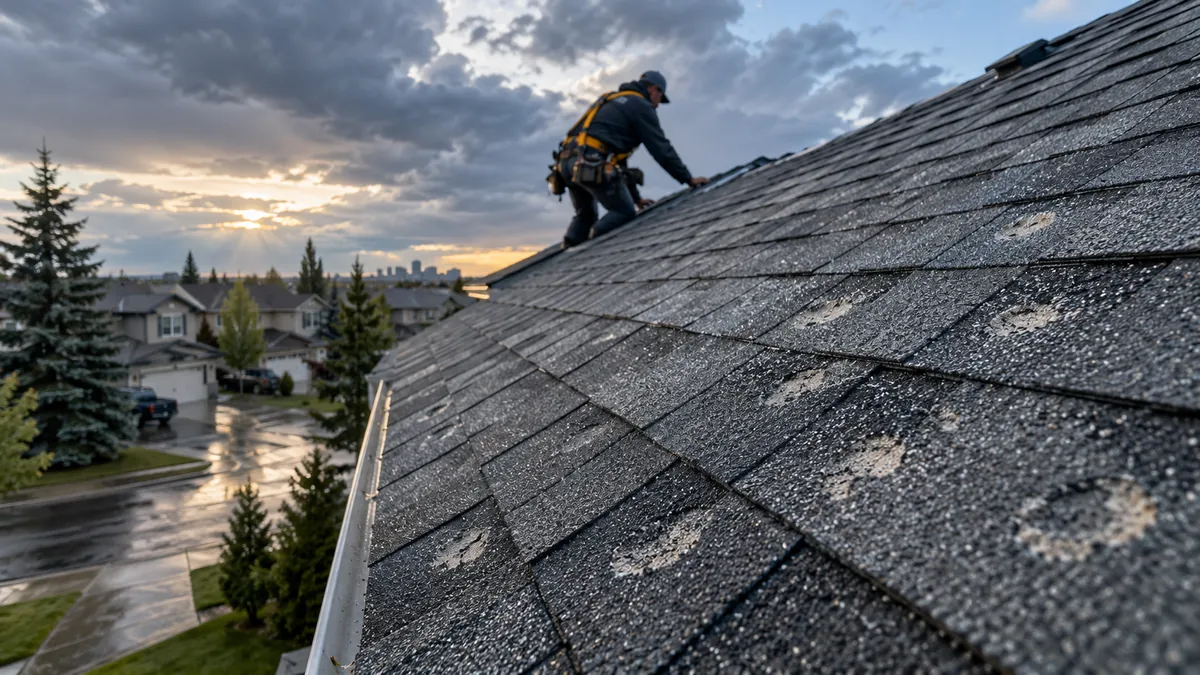 Roofer inspecting hail-damaged asphalt shingles on a house in an Edmonton-area neighbourhood
